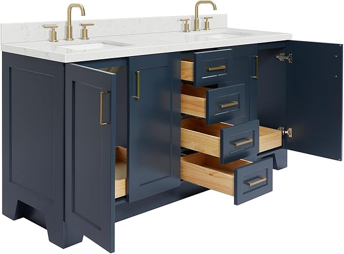 DKB Emilia 72 Inch Bathroom Vanity Double Sink — Midnight Blue Bathroom Vanity with Sink, 1.5" Edge Carrara White Quartz Countertop & Backsplash, 4 Soft-Close Doors, and 6 Dovetail Drawers