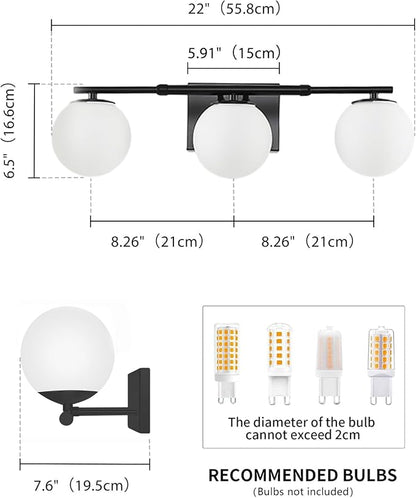 Bathroom Vanity Light Brushed Black 3T Wall Sconce for Mirror | Modern fixture Globe Glass Shade brightness, elivers even brightness. Sturdy metal resists rust. Dresser Bathroom over Mirror