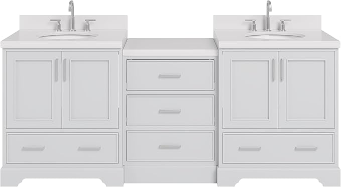 ARIEL Stafford 84-inch Bathroom Vanity with Sink,Solid Wood, 1.5in Pure White Quartz Countertop & Backsplash, Double Oval Porcelain Sink, 4 Soft Closing Doors, 5 Dovetail Drawers, Grey