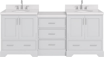 ARIEL Stafford 84-inch Bathroom Vanity with Sink,Solid Wood, 1.5in Pure White Quartz Countertop & Backsplash, Double Oval Porcelain Sink, 4 Soft Closing Doors, 5 Dovetail Drawers, Grey