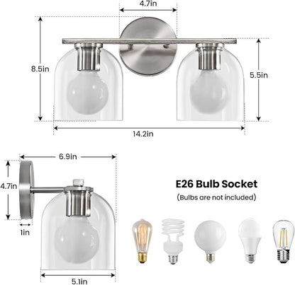 WOSHITU Modern Brushed Nickel 14.2 Inch Bathroom Vanity Light Fixtures: 2 Light Sconces with Clear Glass Shade for Above Mirror, Wall Mount