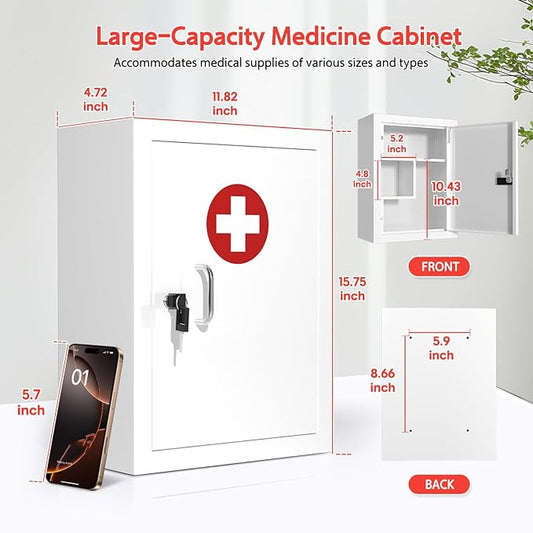 Locking Medicine Cabinet Wall-Mount: Storage Cabinet with Lock & Key - White Metal First Aid Kits for Family Safety and Childproofing