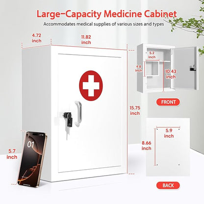 Locking Medicine Cabinet Wall-Mount: Storage Cabinet with Lock & Key - White Metal First Aid Kits for Childproofing and Family Safety
