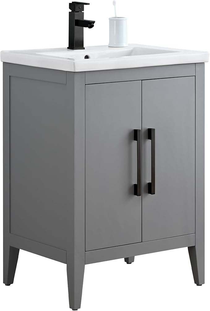 HomeBeyond 24 Inch Bathroom Vanity with Sink & Ceramic Top, Single Vanity Cabinet with Basin, Soft-Closing Doors & Matte Black Hardware, Grey