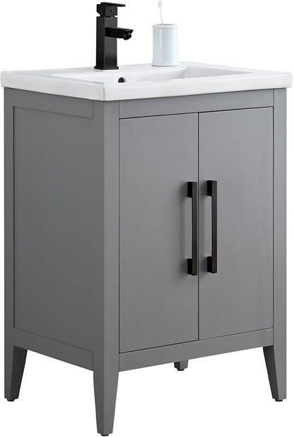 HomeBeyond 24 Inch Bathroom Vanity with Sink & Ceramic Top, Single Vanity Cabinet with Basin, Soft-Closing Doors & Matte Black Hardware, Grey
