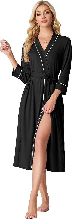 PrinStory Robes for Women 3/4 Sleeve Long Bath Robe XS-4XL | V-Neck Knit Bathrobe with Pockets, Lightweight, Soft, Breathable Robes for Shower, Spa, Travel, Home, Party, Nursing