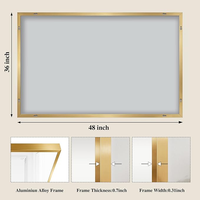 Koonmi Gold Mirrors for Wall, 36x48 Inch Bathroom Mirror, Rectangular Wall Mirror for Living Room Bedroom Bathroom, Hangs Horizontally or Vertically