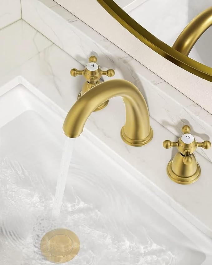 FORIOUS Brushed Gold Bathroom Faucet, Bathroom Sink Faucet 3 Hole with Pop Up Drain and Water Hose Supply, 2 Cross Handle Design, for Vanity RV Farmhouse Sink