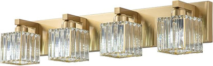 Gold Crystal Bathroom Vanity Lights, 4 Lights Bathroom Lighting Fixtures Over Mirror Modern Gold Crystal Bath Wall Light with Square Shade
