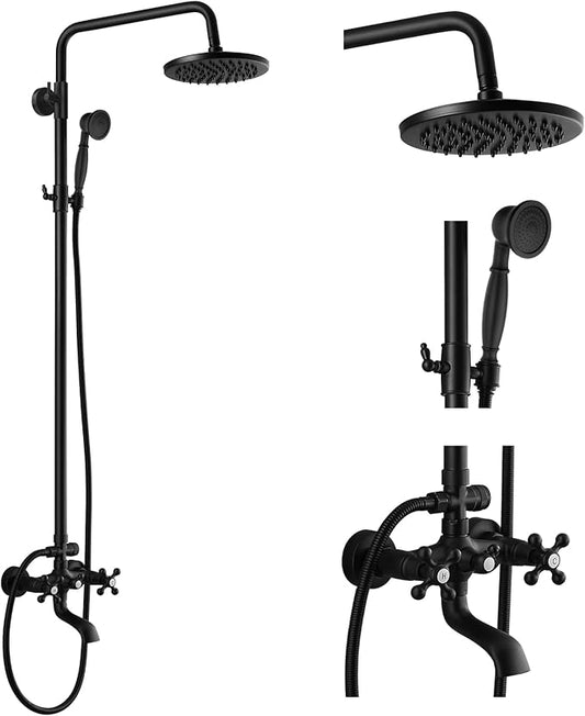gotonovo Exposed Bathroom Shower Faucet Wall Mounted Shower System 8 Inch Shower Head and Tub Spout Double Cross Handles Adjustable Handheld Sprayer Straight Pipe Matte Black