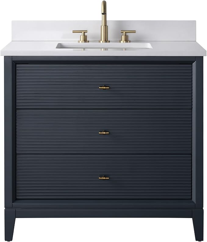Vanity Art 36" Bathroom Vanity with Single Sink & Arabescato White Engineered Stone Top, Soft Closing Door, Solid Wood Frame, Golden Brushed Handles, Vintage Spruce Blue VA8136-VSB-GB