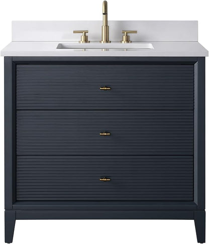 Vanity Art 36" Bathroom Vanity with Single Sink & Arabescato White Engineered Stone Top, Soft Closing Door, Solid Wood Frame, Golden Brushed Handles, Vintage Spruce Blue VA8136-VSB-GB