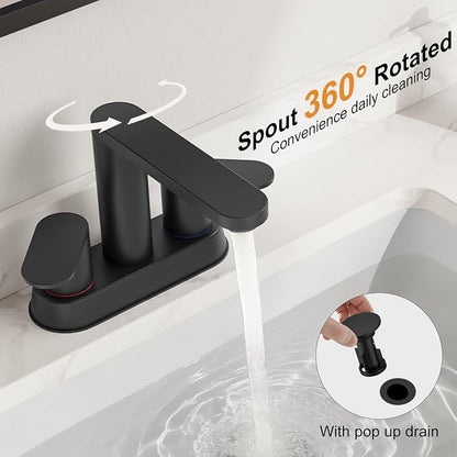 BWE Matte Black Bathroom Faucets 4 Inch Centerset Faucet for Bathroom Sink | 2 or 3 Hole Basin 2-Handle 360° Swivel Spout Bathroom Sink Faucet with Pop up Drain Water Supply Hose for Farmhouse Vanity RV