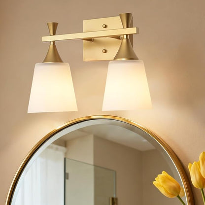 2 Light Modern Bathroom Vanity Light, Milk Glass Wall Light Fixtures Over Mirror, Brushed Gold Vanity Lighting for Bathroom, Living Room, Bedroom, E26 Base (Exclude Bulb)
