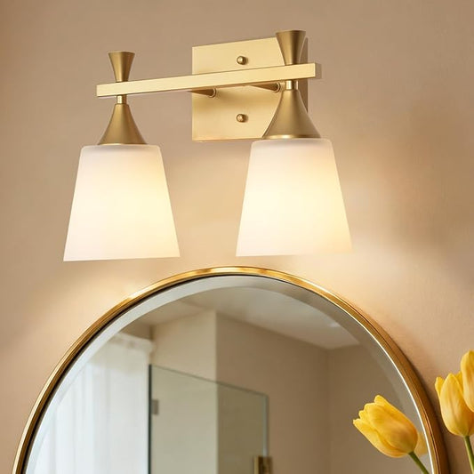 2 Light Modern Bathroom Vanity Light, Milk Glass Wall Light Fixtures Over Mirror, Brushed Gold Vanity Lighting for Bathroom, Living Room, Bedroom, E26 Base (Exclude Bulb)