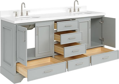 ARIEL Stafford 72-inch Bathroom Vanity with Sink,Solid Wood, 1.5-inch Pure White Quartz Countertop & Backsplash, Double Oval Porcelain Sink, 4 Soft Closing Doors, 6 Dovetail Drawers, Grey