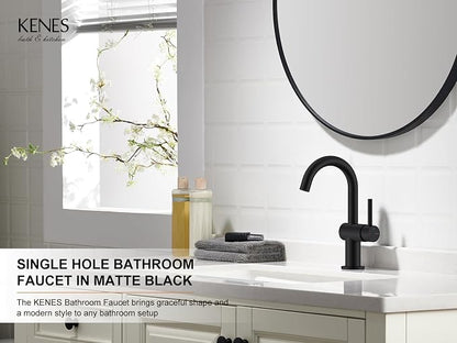 Matte Black Bathroom Faucet Single Handle, Single Hole Vanity Faucet | Bathroom Sink Faucet with Pop Up Drain & 6 Inch Deck Plate, Lead-Free cUPC & NSF Certified, 1 Handle Faucet for Vanity RV Bar