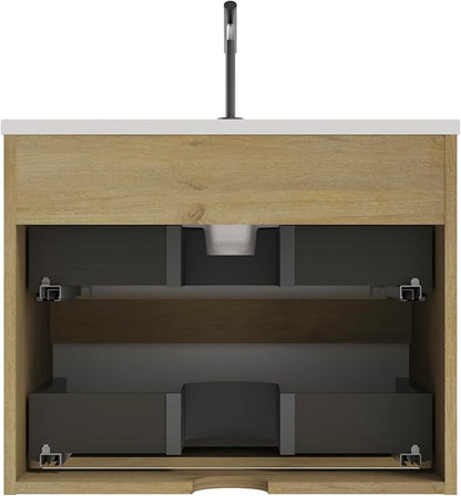 24'' Floating Bathroom with Sink Combo, Modern Bathroom Cabinet with 2-Soft Close & Large Storage Drawers, for Small Space, Apartment, Hotel, White and Natural (Already Assembled)