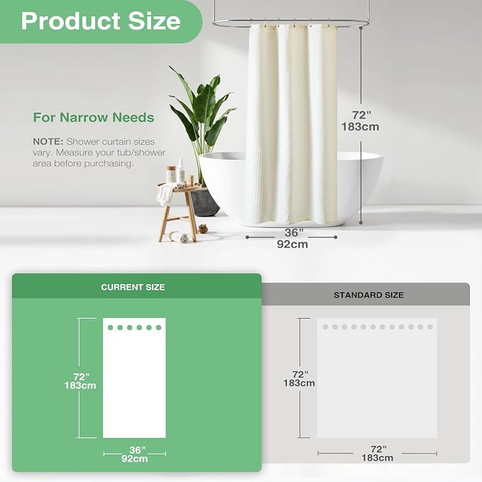 Stall Waffle Shower Curtain 256 GSM Heavy Fabric 36x72 Cream/Ivory | Narrow Half Size, Thick Cloth, Weighted Hem, Water Repellent, Hotel Luxury Polyester Shower Curtain Set for Bathroom 6 Hooks