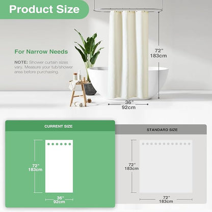 Stall Waffle Shower Curtain 256 GSM Heavy Fabric 36x72 Cream/Ivory | Narrow Half Size, Thick Cloth, Weighted Hem, Water Repellent, Hotel Luxury Polyester Shower Curtain Set for Bathroom 6 Hooks