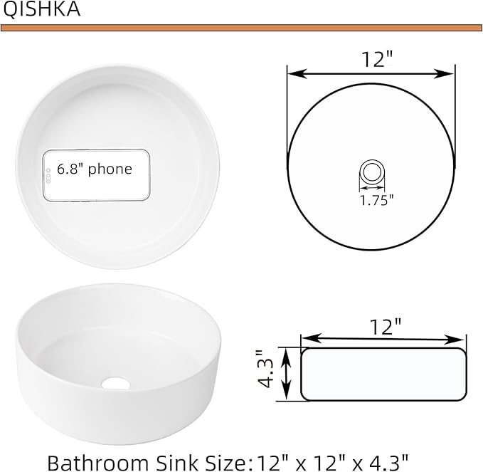 12 Inch Round Bathroom Sink Above Counter, QISHKA Small White Ceramic Vanity Vessel Sink Mini Countertop Bowl Basin for Space-Saving