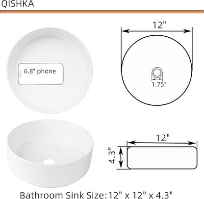 12 Inch Round Bathroom Sink Above Counter, QISHKA Small White Ceramic Vanity Vessel Sink Mini Countertop Bowl Basin for Space-Saving