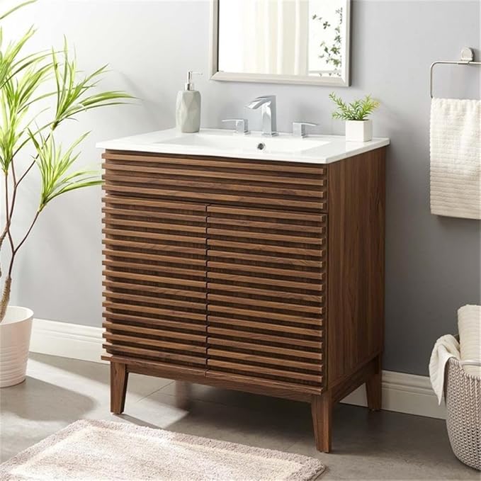 Modway Render 30" Bathroom Vanity with Sink in Walnut White