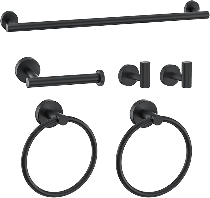 6 Pieces Towel Bar Set Matte Black Bathroom Hardware Set Includes 23.6 Inch Towel Bar,Stainless Steel Wall-Mounted Bathroom Accessory Set