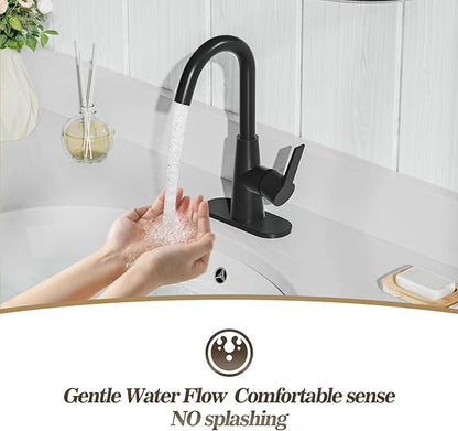Phiestina Single Hole Matte Black Single-Handle 4 Inch Bathroom Sink Faucet with Deck Plate and Supply Hoses, Bar Sink Faucet/Pre-Kitchen Sink Faucet with 360° Rotation Spout, WE10E-MB
