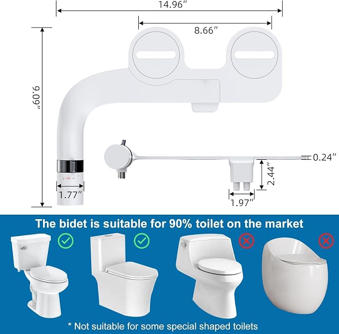 Bidet Attachment for Toilet, Non-Electric Dual Nozzle Bidet Sprayer with Adjustable Water Pressure, Cold Water Toilet Seat Attachment for Feminine and Personal Hygiene