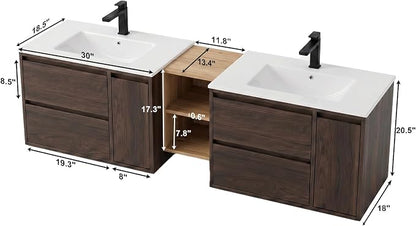 72 Modern Floating Double Sink Bathroom Vanity, Wall-Mounted with Seamless Ceramic Top, Rounded Corners, Full-Extension Soft-Close Drawers & Concealed Drainage (Wood color, 72 inch)