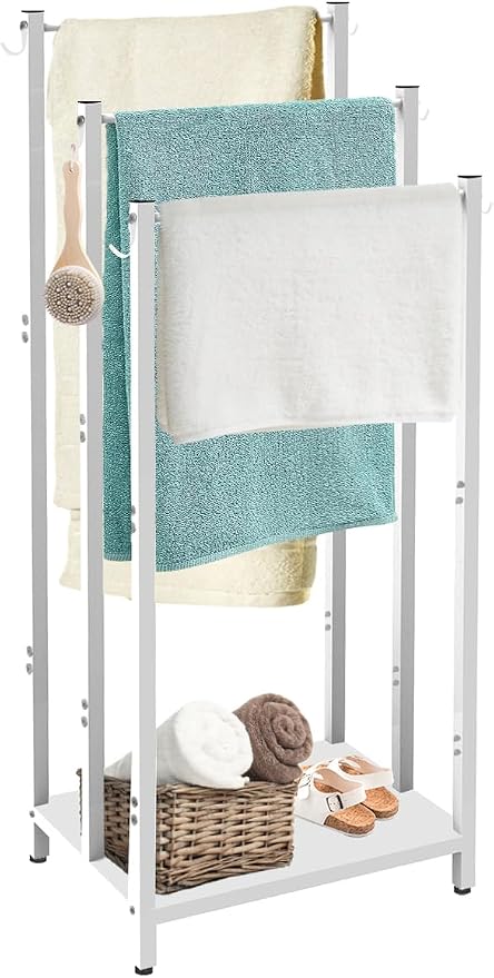 44 Inch Tall Free Standing Towel Rack, White | 3 Tiers Heavy Duty Blanket Drying Stand Holder with Metal Storage Shelf & 6 Hooks for Bathroom, Pool, Bedroom, Living Room