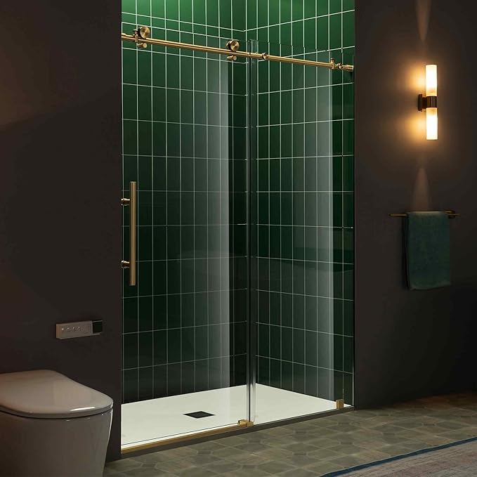 Woodbridge 56-60" W x 80" H Frameless Single Sliding Shower Door with Tempered Glass & Explosion Proof Film in Brushed Gold Finish