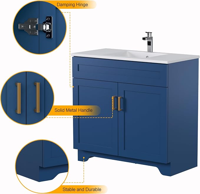 36 Inch Bathroom Vanity, Wooden Double Door Bathroom Storage Cabinet, Freestanding Modern Sink Cabinet Vanity Without Sink (Blue No Sink, 36")