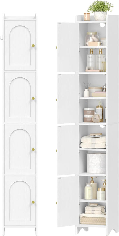 Bathroom Storage Cabinet, Tall Corner Floor Cabinet with 4 Doors and Adjustable Shelf, Narrow Toilet Paper Cabinets, Bathroom Organizer for Small Spaces, 11" D x 11" W x 70.9" H White