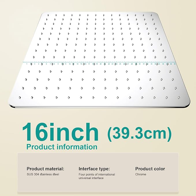 Square Rain Shower Head, High Flow Stainless Steel,Work with any decorative style，All Metal Rainfall Shower Head (Chrome, 16)