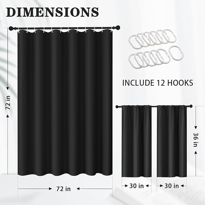 Shower Curtain Set, for Bathroom Decor 72" x 72", Modern Black | Black Waffle Textured Solid Waffle Textured Cloth Waterproof Matching Window Shower Curtain 36 x 30 Inches