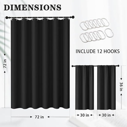 Shower Curtain Set, for Bathroom Decor 72" x 72", Modern Black | Black Waffle Textured Solid Waffle Textured Cloth Waterproof Matching Window Shower Curtain 36 x 30 Inches