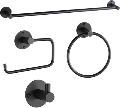 Towel Racks for Bathroom 4 Pieces,Matte Black Stainless Steel Bathroom Accessories Set Wall Mounted Included 24 Inches Towel bar,Towel Holder,Toilet Paper Holder,Robe Hook