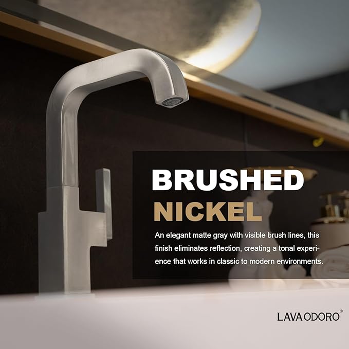 Brushed Nickel Bathroom Faucet, Lava Odoro One Hole Bathroom Sink Faucet Single Handle Swivel Vanity Faucet with Pop up Drain Assembly, Solid Brass Vessel Sink Faucet Deck Plate Included, BF204-BN