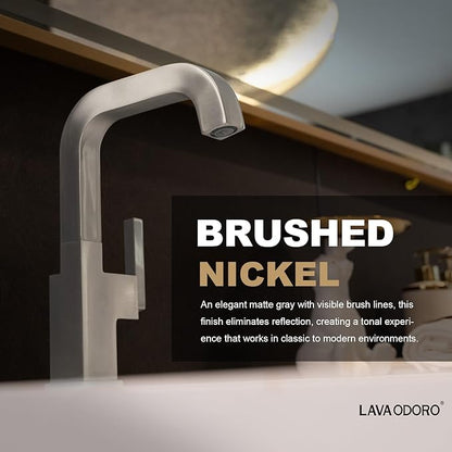 Brushed Nickel Bathroom Faucet, Lava Odoro One Hole Bathroom Sink Faucet Single Handle Swivel Vanity Faucet with Pop up Drain Assembly, Solid Brass Vessel Sink Faucet Deck Plate Included, BF204-BN