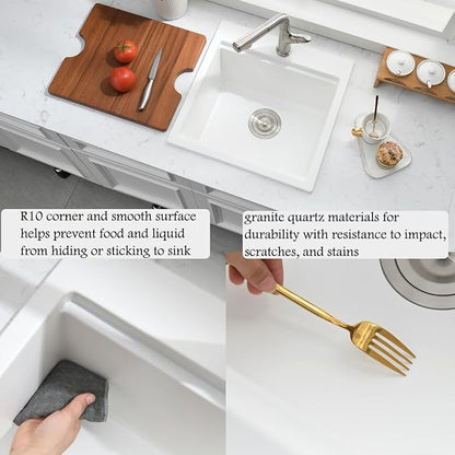 21 Inch White Bar Sink Drop In Quartz Workstation Outdoor RV Sink | 21x20 White Drop In Kitchen Sink, Single Bowl Wet Bar Sinks with Cutting Board,Resistant to Stain, Heat, Chipping