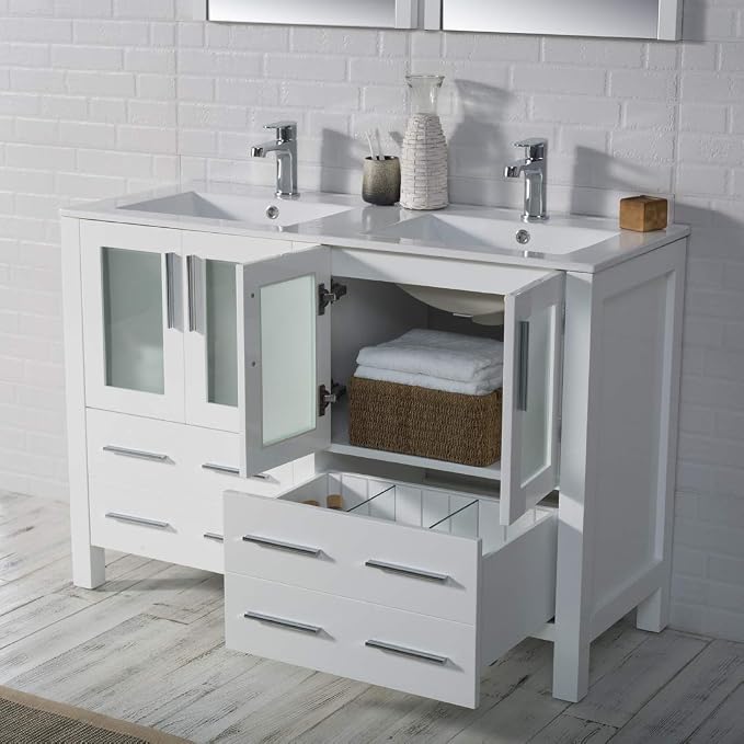 Blossom 48 Inch Solid Wood Double Sink Bathroom Vanity with Ceramic Top | Luxury Freestanding Master Bath Cabinet | 5-Layer Moisture-Resistant Finish | Soft-Close Drawers, Glossy White