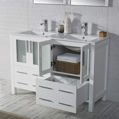 Blossom 48 Inch Solid Wood Double Sink Bathroom Vanity with Ceramic Top | Luxury Freestanding Master Bath Cabinet | 5-Layer Moisture-Resistant Finish | Soft-Close Drawers, Glossy White