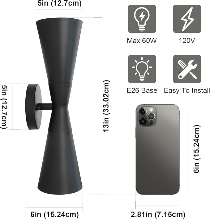 Wall Sconces Set of Two, Bathroom Sconces Lighting 13 inch Black Modern Sconces Wall Decor Set of 2 Indoor Wall Light Fixtures for Living Room Hallway Staircase Bedroom Hardwired