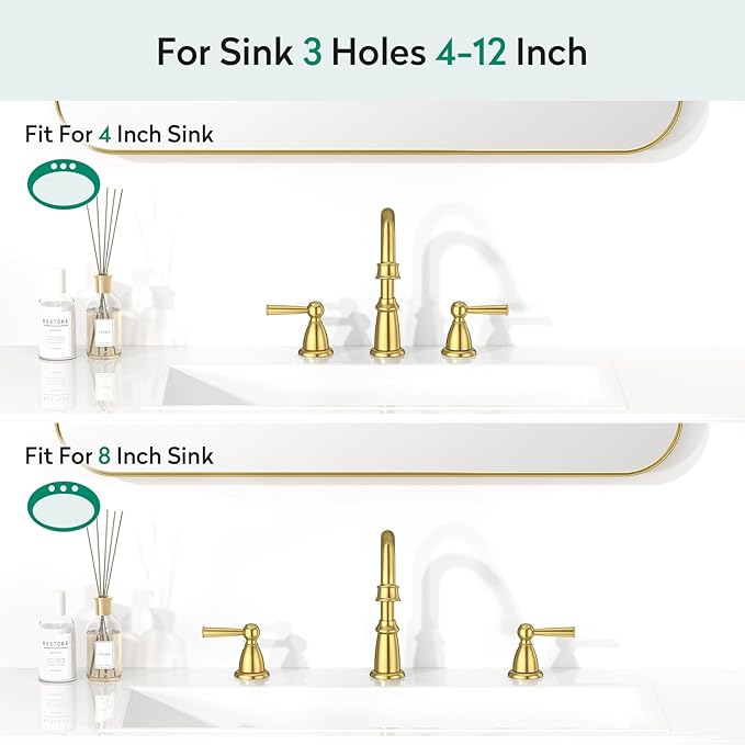 CREA Gold Bathroom Faucet 3 Hole,2 Handles 8 Inch Widespread Bathroom Faucets with Drain,360°Swivel 3 Pieces Brushed Gold Faucet for Bathroom Vanity Basin Mixer Tap(cPUC Supply Line)