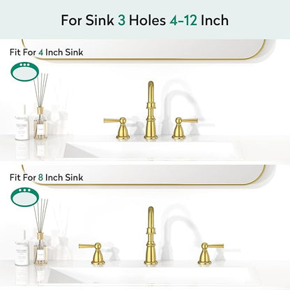 CREA Gold Bathroom Faucet 3 Hole,2 Handles 8 Inch Widespread Bathroom Faucets with Drain,360°Swivel 3 Pieces Brushed Gold Faucet for Bathroom Vanity Basin Mixer Tap(cPUC Supply Line)