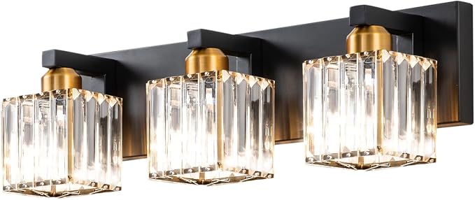 Black Gold Crystal Bathroom Vanity Light 3-Lights Modern Bathroom Lighting Fixtures Over Mirror, Wall Light Fixtures