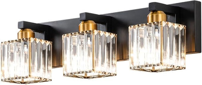 Black Gold Crystal Bathroom Vanity Light 3-Lights Modern Bathroom Lighting Fixtures Over Mirror, Wall Light Fixtures