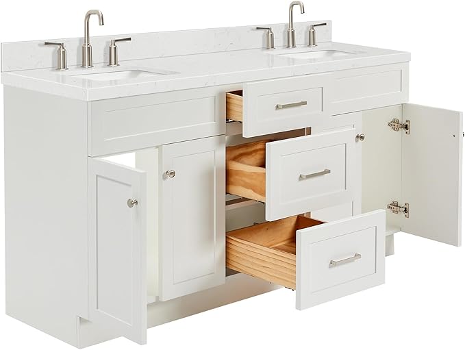 DKB Bradford 66-Inch White Double Bathroom Vanity, 1.5-Inch Edge Carrara Quartz Countertop & Splash, Rectangular Undermount Sinks, 2 Soft Closing Doors, 3 Dovetail Drawers, Toe Kick, Brushed Nickel